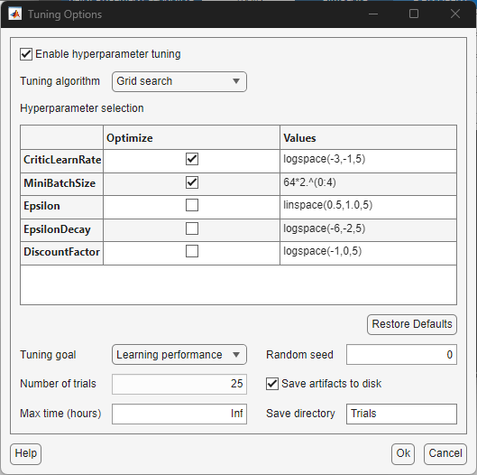 Tuning options dialog for grid search.