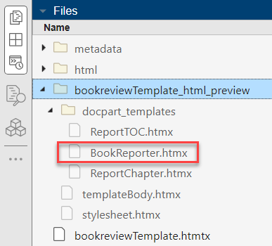 Snippet of MATLAB file explorer displaying the file structure of the template preview documents. A red box emphasizes the BookReporter.htmx file.