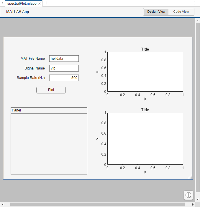 Design view of the app with UI components drawn in App Designer.