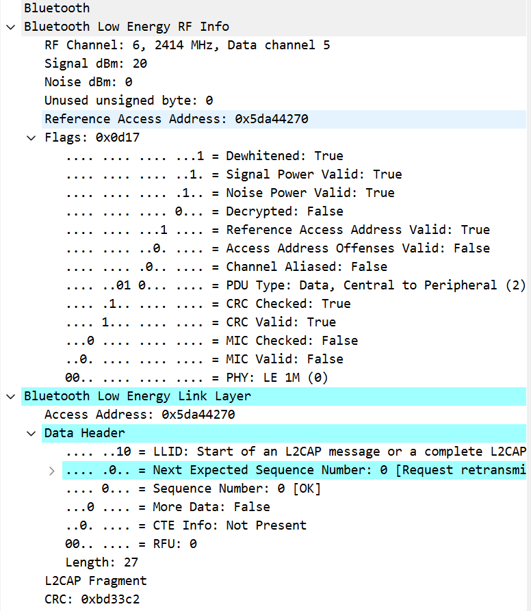 Wireshark protocol detail view showing Bluetooth LE RF information and link layer header fields. The display includes RF channel, frequency, signal and noise level, access address, CRC status, PDU type, sequence number and L2CAP fragment details. This view helps explain how the link-layer interpreted and received the packet.