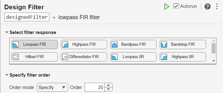 Lowpass FIR filter response selected in Design Filter live task