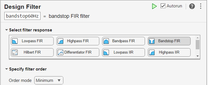 Bandstop FIR filter response selected in Design Filter live task