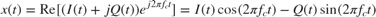 $$x(t) = {\mathop{\rm Re}\nolimits} [(I(t) + jQ(t)){e^{j2\pi {f_c}t}}] = I(t)\cos (2\pi {f_c}t) - Q(t)\sin (2\pi {f_c}t)$$