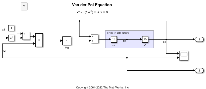 In the Van der Pol Equation model, the blocks named x1 and x2 are in an area with the label "This is an area".