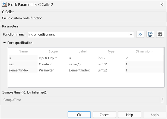 The Port specification table for the incrementElement function.