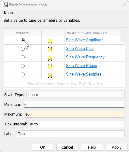 Block Parameters dialog box for the Knob block