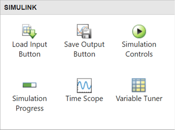 Simulink UI components in the App Designer Component Library. The components are: Load Input Button, Save Output Button, Simulation Controls, Simulation Progress, Time Scope, and Variable Tuner.