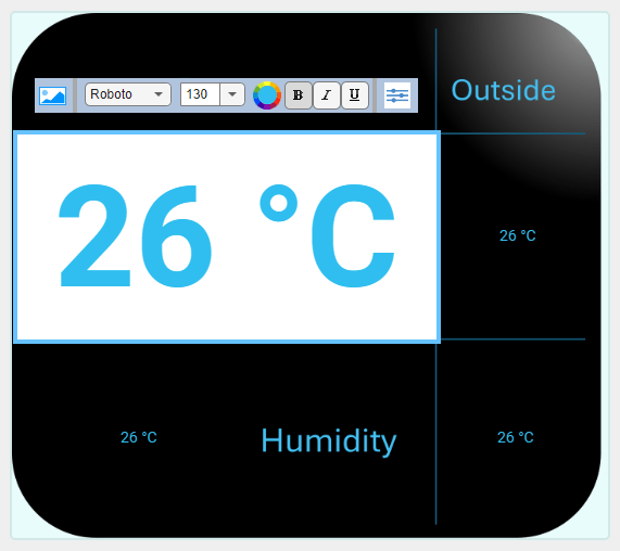 Panel with the Display block in the upper left cell in design mode, the font size set to 130, and the displayed text in bold