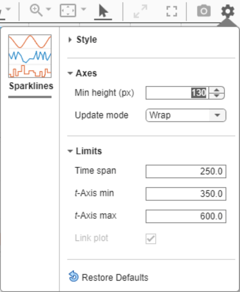 The Visualization setting menu for a sparkline plot