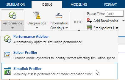 The Debug tab of the Simulink Toolstrip has the Performance list expanded with the pointer paused on the Simulink Profiler option.