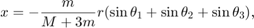 $$&#10;x = - \frac{m}{{M + 3m}}r(\sin \theta _1 + \sin \theta _2 + \sin&#10;\theta _3 ),&#10;$$