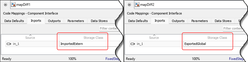 Code Mappings editor of models mapDiff1 and mapDiff2 are open with the Inports tab selected.