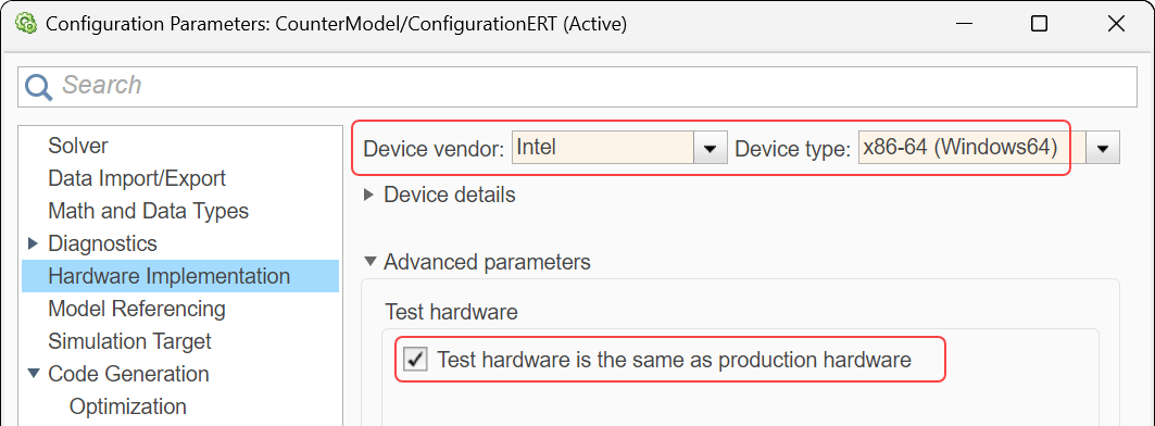 Configuration Parameters dialog box. The parameter Device vendor is specified as Intel. The parameter Device type is specified as x86-64 (Windows64). The parameter Test hardware is the same as production hardware is selected.