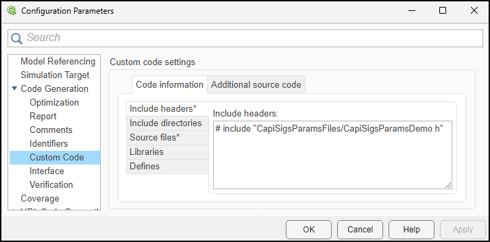 Configuration Parameters dialog box. The Code Generation > Custom Code pane is open. In the Code information tab of the Custom code settings section, the include header directive is specified in the Include headers box as '# include "CapiSigsParamsFiles/CapiSigsParamsDemo.h"'