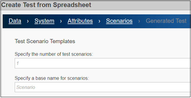 Scenarios page from Create Test from Spreadsheet wizard