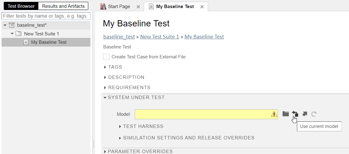 System under test section for the test case