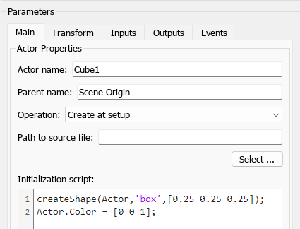 The block parameter dialog box of the Simulation 3D Actor block named cube1 shows parameters and the initialization script