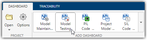 Dashboard toolstrip with Model Testing selected in the Add Dashboard gallery