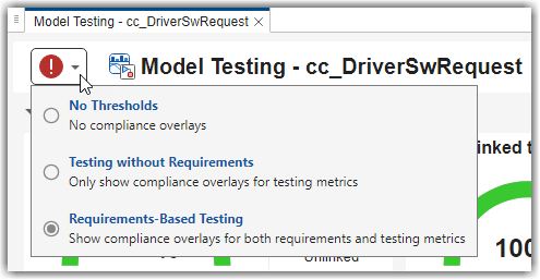 Threshold settings menu with options for No Thresholds, Testing without Requirements, and Requirements-Based Testing