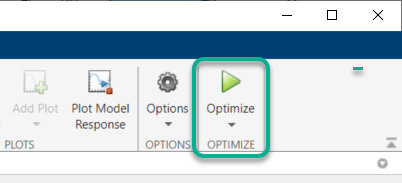 Optimize is highlighted in the Response Optimization tab in the Response Optimizer app