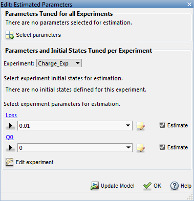 Edit: Estimated Parameters dialog box with options to select parameters for experiments