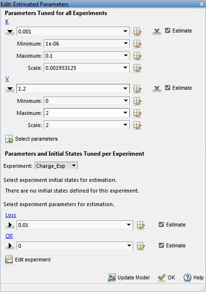 Edit: Estimated Parameters dialog box showing parameters K and V along with their minimum and maximum values under Parameters Tuned for all Experiments