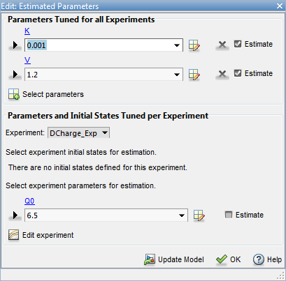 Under Parameters and Initial States Tuned per Experiment in the Edit: Estimated Parameters dialog box, DCharge_Exp is selected as the Experiment. Estimate box against Q0 parameter is unchecked.