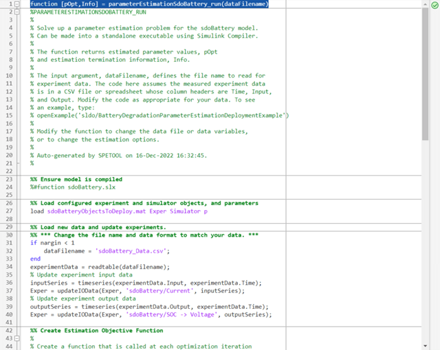 A screenshot showing the run function in the MATLAB editor