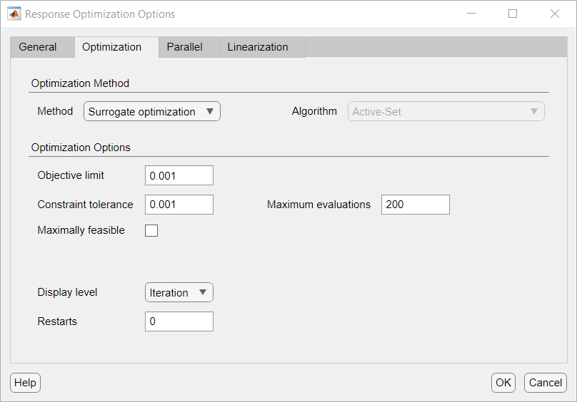 Optimization tab in the Response Optimization Options dialog box. The Method is Surrogate optimization.