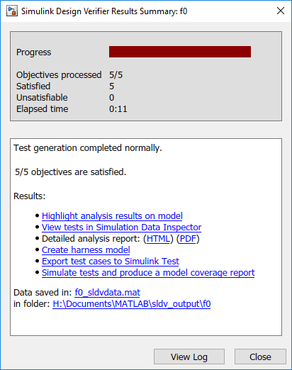 Simulink Design Verifier Results Summary window showing all 5 objectives satisfied, with links to analysis results, reports, and saved data.