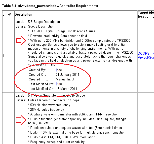 The generated report shows details regarding creation and modification from the linked DOORS object