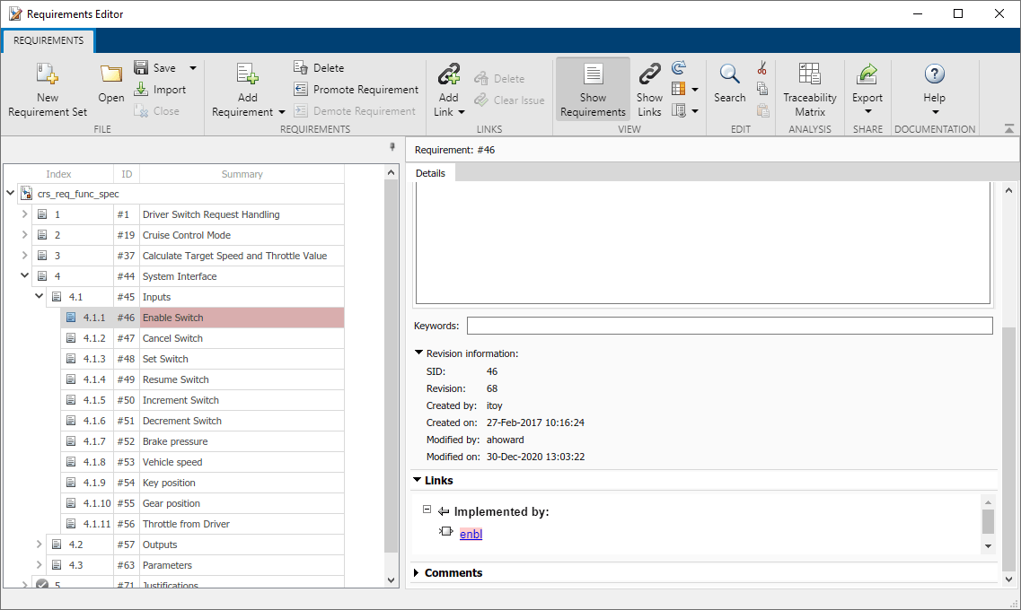 The Requirements Editor. Requirement 4.1.1 is selected.