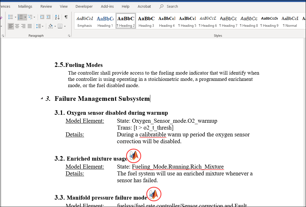 The Word document shows the icons to navigate to the model elements