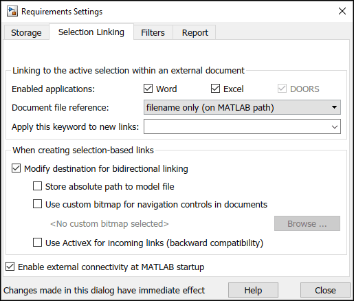 The Requirements Settings dialog