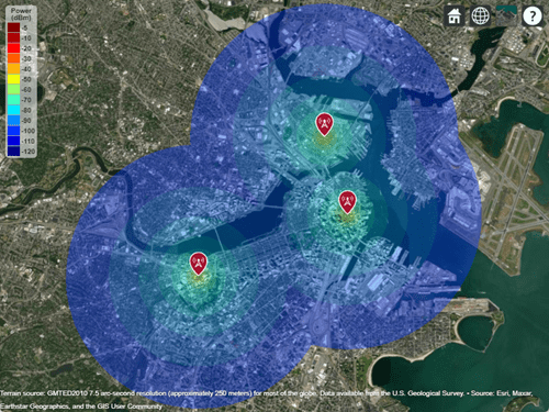 Three transmitters and a combined coverage map displayed over satellite imagery