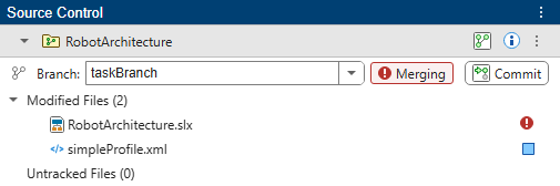 The source Control panel shows a conflict with the Robot Architecture model file.