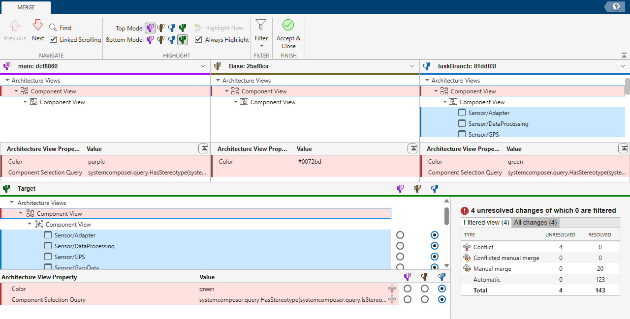 The Three-Way Merge Tool shows Mine, Theirs, and Base panes with a summary table of conflicts and automatic merges.