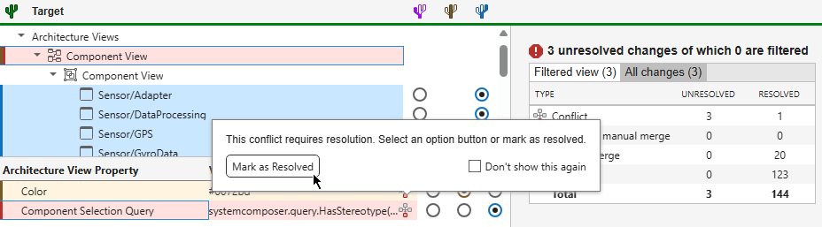 The conflict icon displays a menu that allows the user to mark the conflict as resolved.