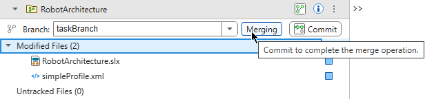 Source Control panel showing that the Robot Architecture model file and profile have been modified.