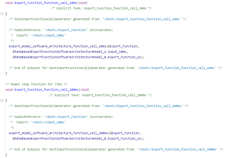 Generated C code showing two export-function entry-point functions: Export_Function_function_call_10ms(void) and Export_Function_function_call_100ms(void).