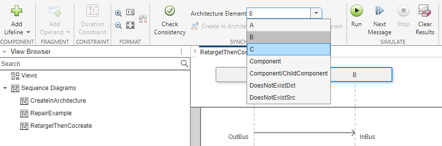View Browser of the Architecture Views Gallery with the RetargetThenCocreate sequence diagram open. The Architecture Element field dropdown menu is expanded and the C option is selected.