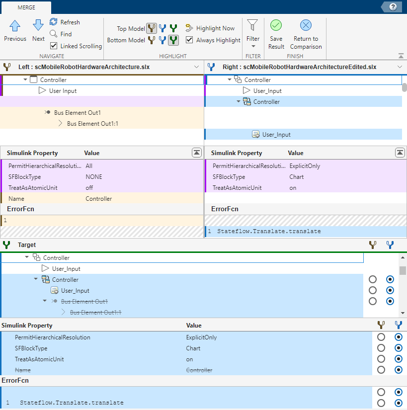 The two-way merge tool is open with the comparison report of two architecture models and the Target pane open.