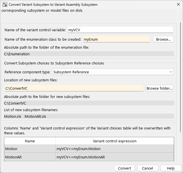 Convert Variant Subsystem to Variant Assembly Subsystem dialog box.