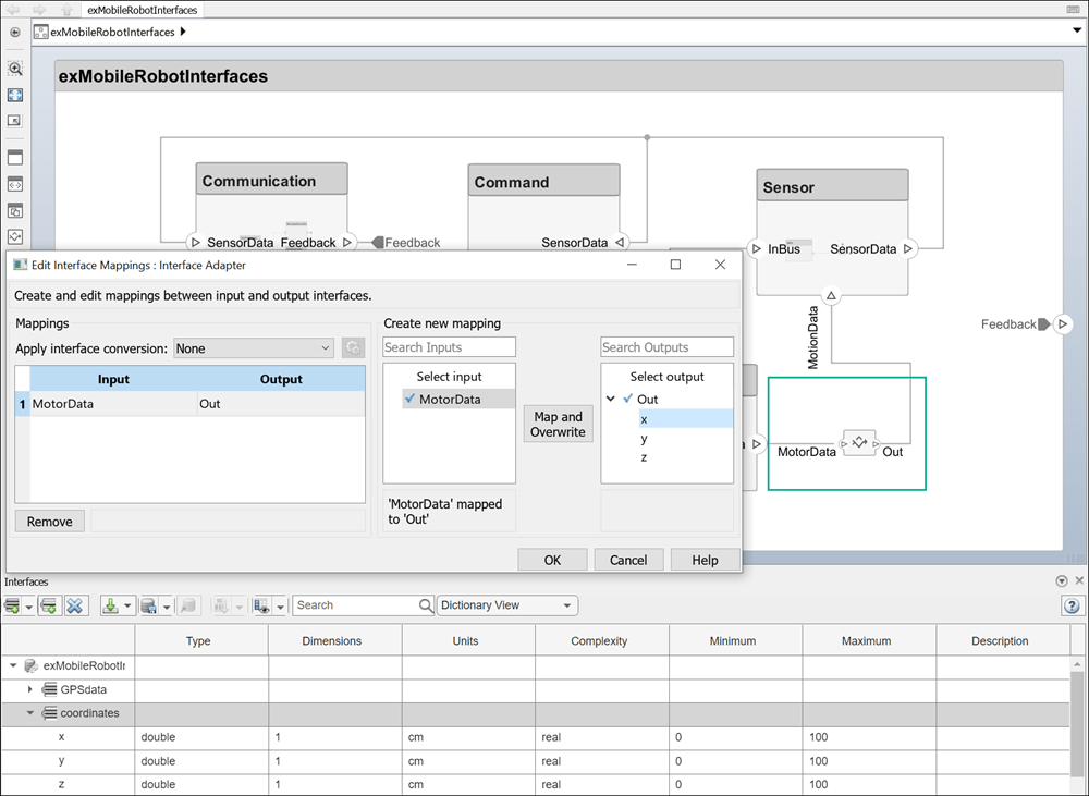 The MotorData port and Out output are selected in the Interface Adapter dialog box. In the Create new mapping section on the right, the MotorData input and x data element are selected.