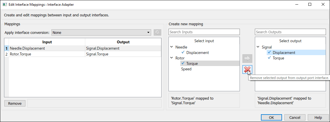 The Displacement element is selected in the Interface Adapter dialog box, and the cursor is paused on the Remove selected output from output port interface button.