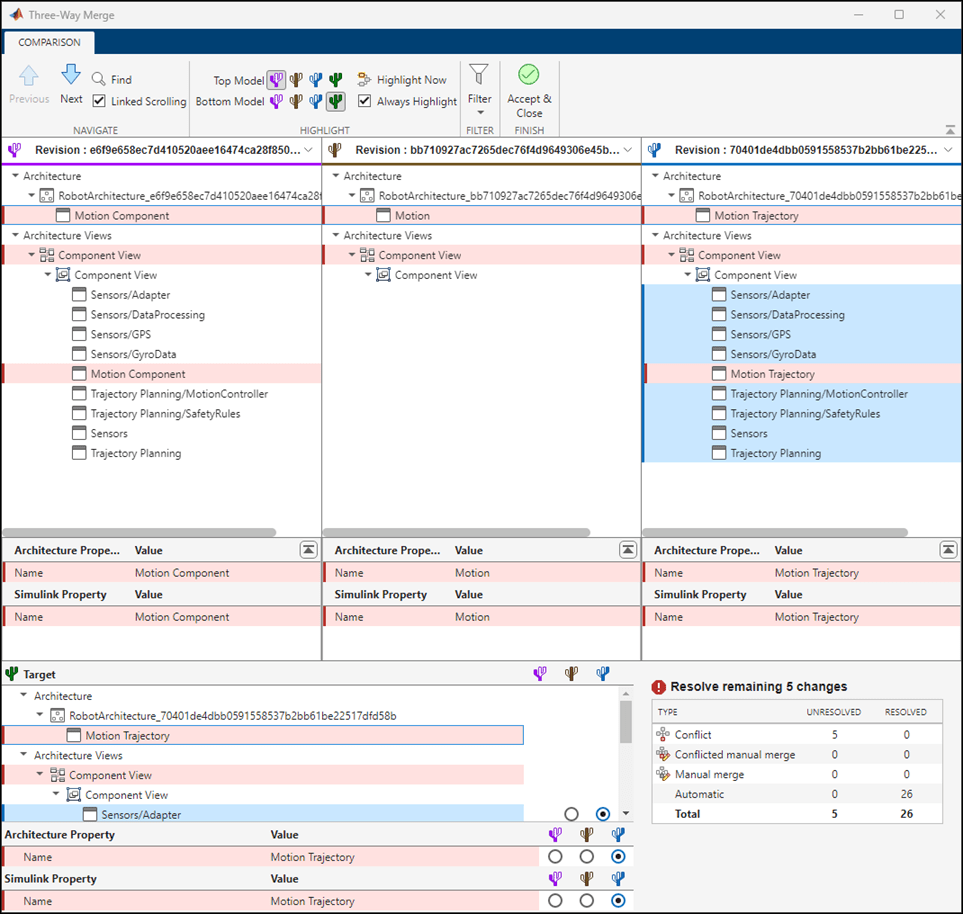 Resolve Conflicts in Projects Using System Composer Three-Way Merge Tool