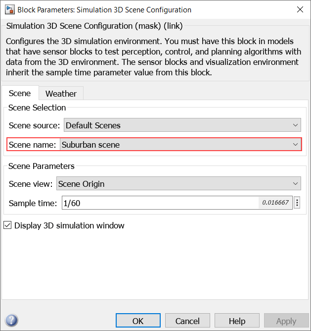 Simulation 3D Scene Configuration block parameters with Scene name set to Suburban scene