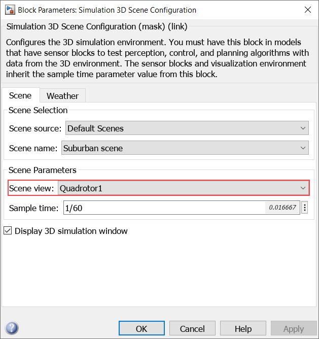 Simulation 3D Scene Configuration block parameters with Scene view set to Quadrotor1