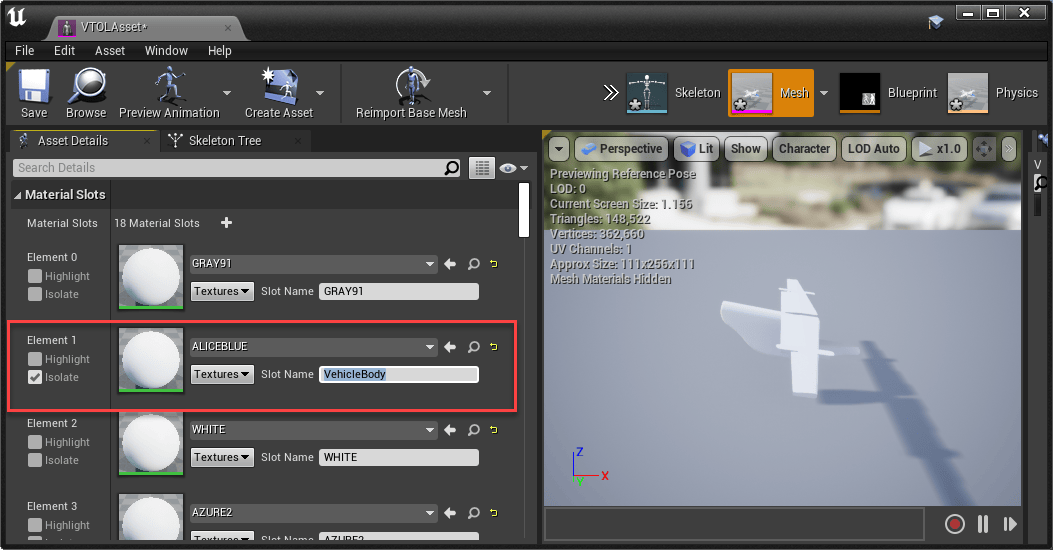 Unreal Editor Asset Details window showing VTOL mesh element isolated and Slot Name set to VehicleBody