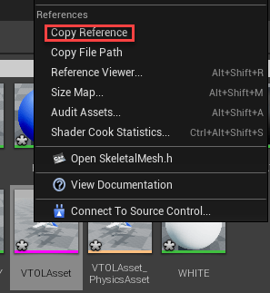 Right-click context menu on VTOLAsset with Copy Reference option highlighted